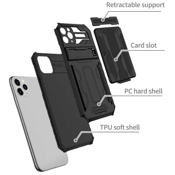 iPhone 11 Pro Max Iskunkestävä kansi Jalusta ja korttipaikka ThinArmor V3 Black