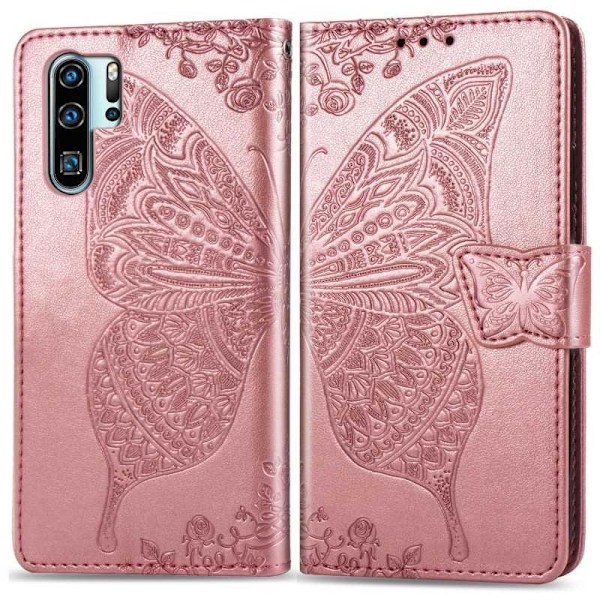 Huawei P30 Pro Pung Etui PU Læder 4-LOMMES Motiv Sommerfugl Pink gold