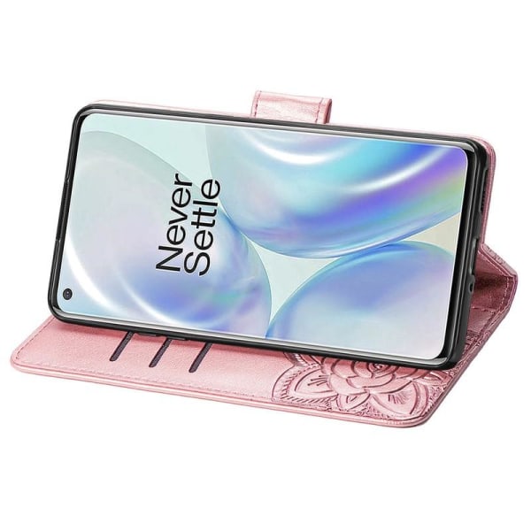 OnePlus 8 Pro lommebokveske PU skinn 4-LOMMER Motiv Butterfly Pink gold