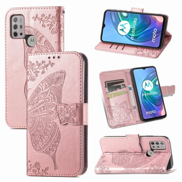 Motorola G30 lompakkokotelo PU-nahkainen 4-POCKET Butterfly Moti Pink gold