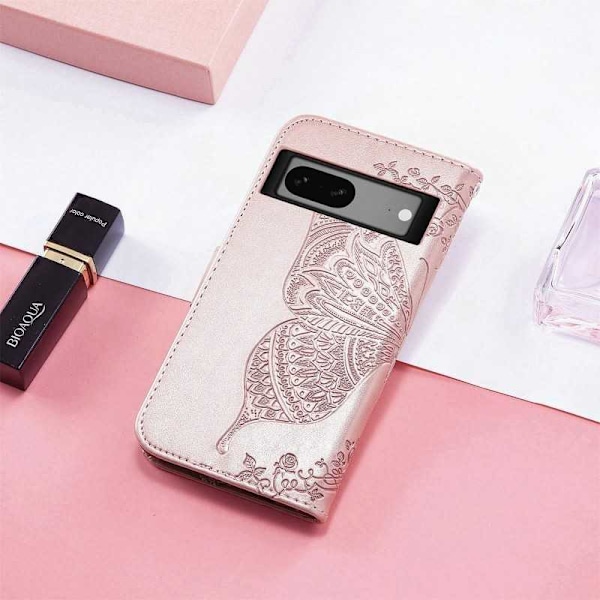 Google Pixel 8 Plånboksfodral PU-Läder 4-FACK Motiv Fjäril Rosa guld