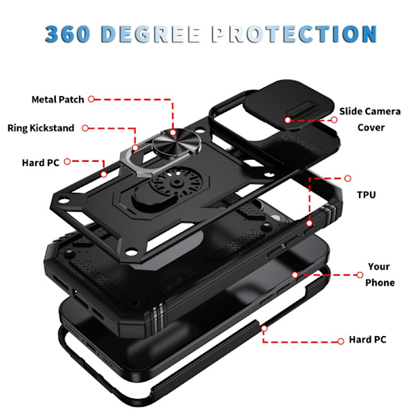 iPhone 16 Pro Max Hybridskal med Ringhållare & Kameraskydd - Svart