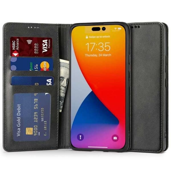 iPhone 14 Pro Wallet Case PU-nahkainen 4-POCKET Black