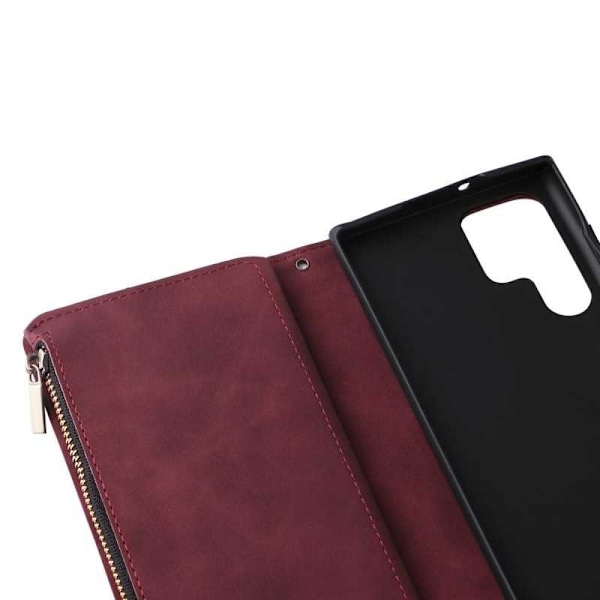 Samsung S22 Ultra Multifunktionellt Plånboksfodral Zipper 8-Fack Svart