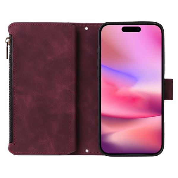 iPhone 16 Multifunktionellt Plånboksfodral Zipper 8-Fack Vinröd