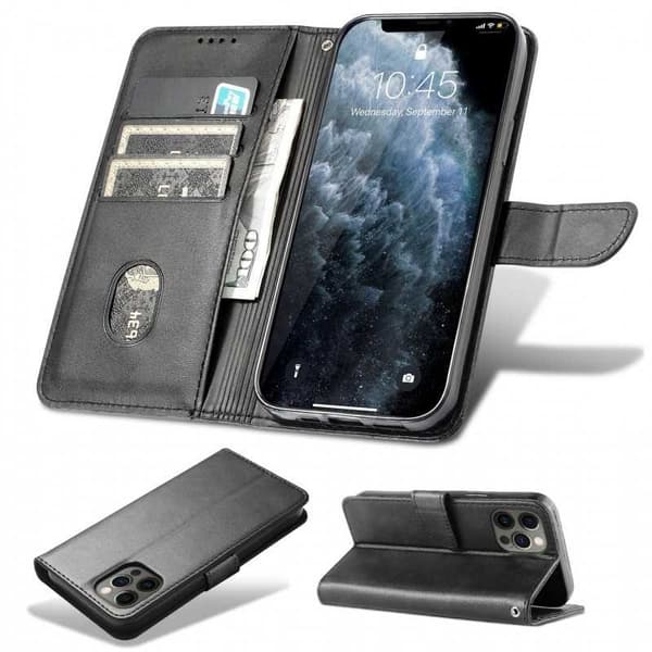 iPhone 15 Plus Wallet Case PU-nahkainen 4-POCKET Black