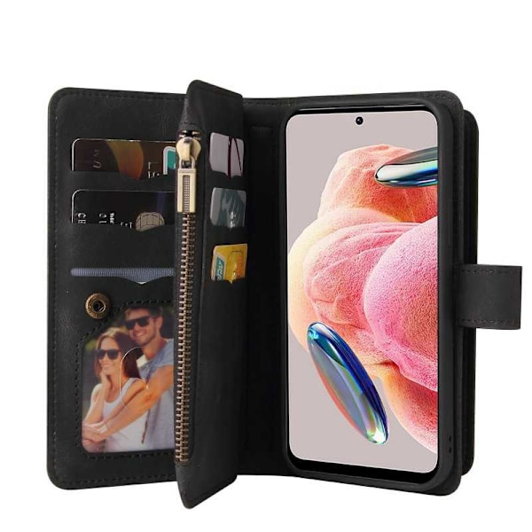 Redmi Note 12 4G -monitoiminen lompakkokotelo, vetoketjullinen 13-osastoinen Black