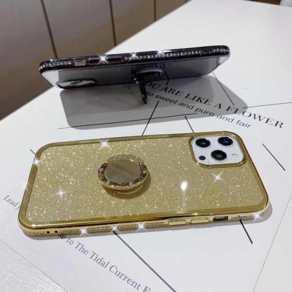 iPhone 13 Pro Max Stötdämpande Skal med Ringhållare Strass Guld