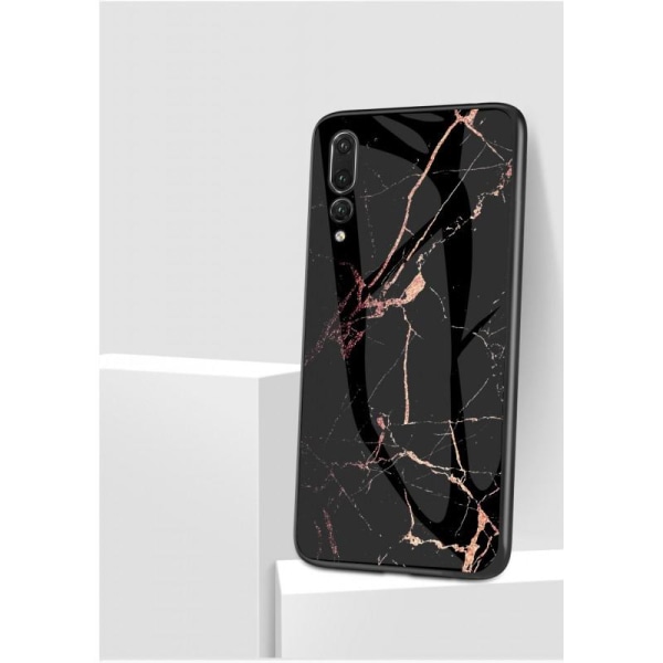 Huawei P20 Pro Marble Shell 9H Glasbagside Glasbagside V2 Black Svart/Vit