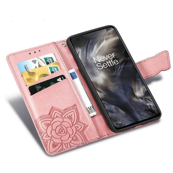 OnePlus Nord Wallet Case PU-nahkainen 4-TASKUN motiiviperhonen Pink gold