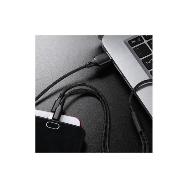 3in1 USB-C / Lightning / Micro USB Slitstark Kabel 1.2m QC 3.0 Svart