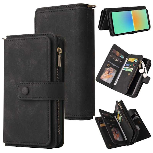 Xperia 10 IV Multifunktionellt Plånboksfodral Zip 13-Fack Svart