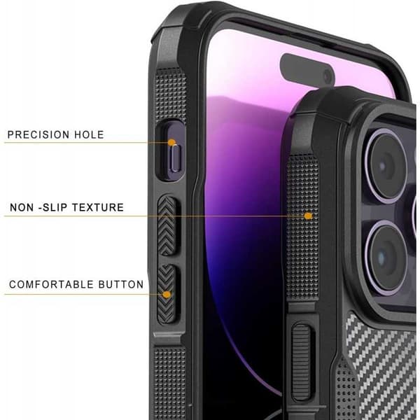Iskunkestävä suojus läpinäkyvällä Carbon Design Legend iPhone 14 Pro Max:lla
