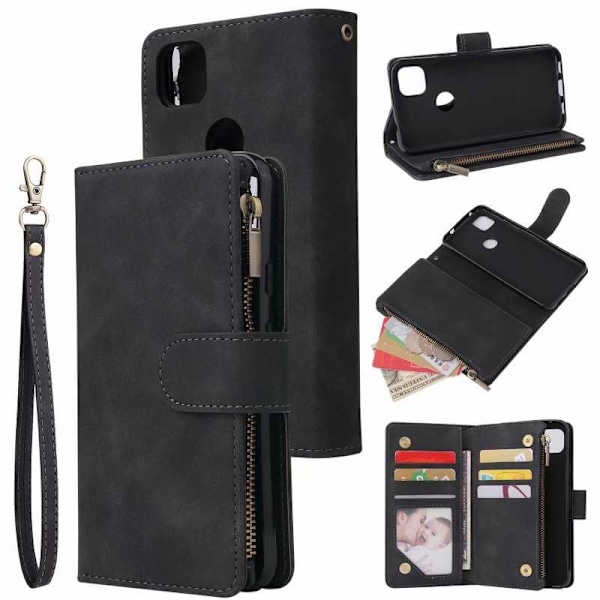 Google Pixel 4a 5G Multifunktionellt Plånboksfodral Zipper 8-Fack Svart