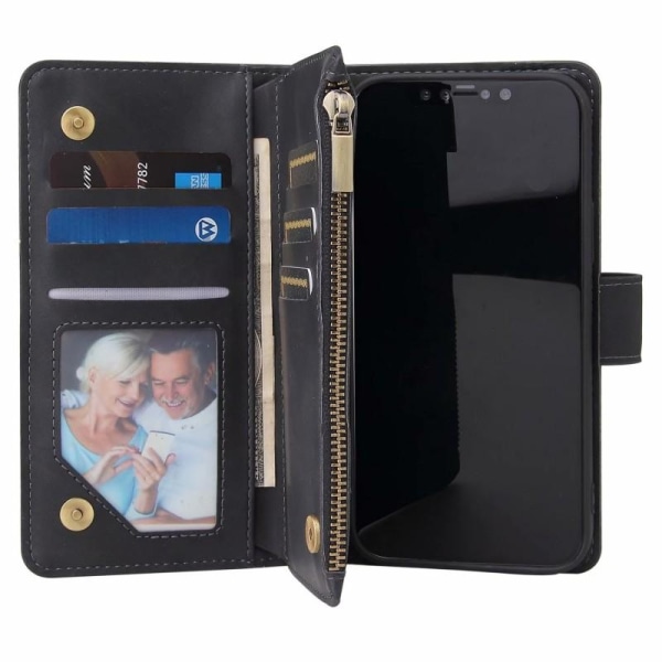 iPhone 12 Mini Multifunctional Wallet Case Vetoketjullinen 8-tas Svart