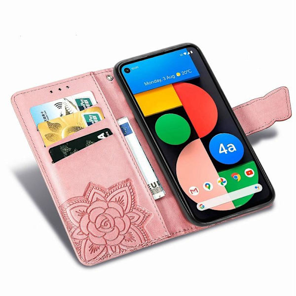 Google Pixel 5 Plånboksfodral PU-Läder 4-FACK Motiv Fjäril Rosa guld