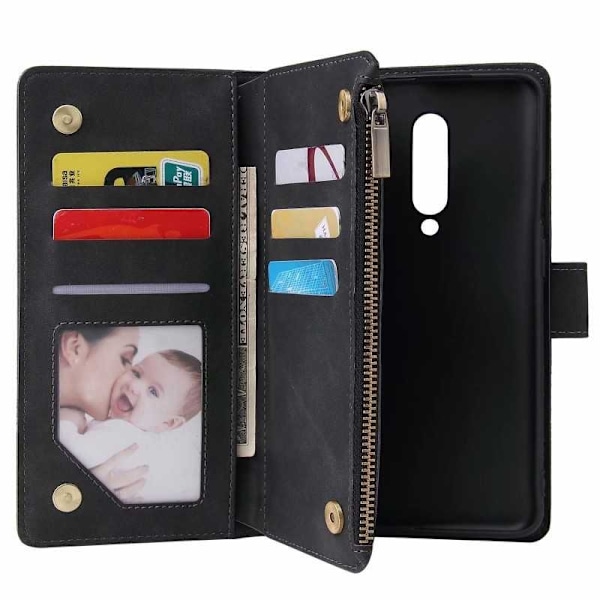 OnePlus 7 Pro Multifunktionellt Plånboksfodral Zipper 8-Fack Svart