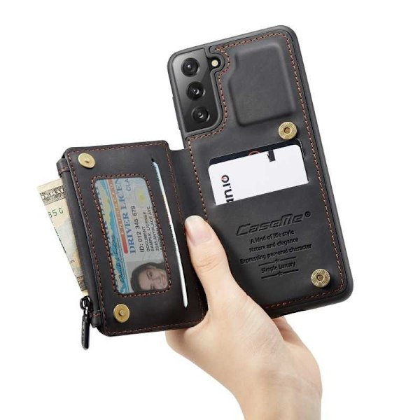 Samsung S21 Plus Skal Korthållare & Dragkedja 4-FACK CaseMe Flippr Svart