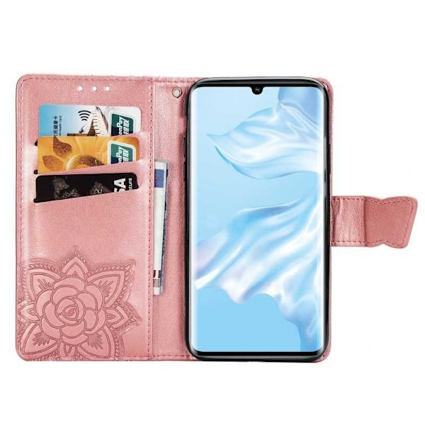 Huawei P30 Pro Plånboksfodral PU-Läder 4-FACK Motiv Fjäril Rosa guld