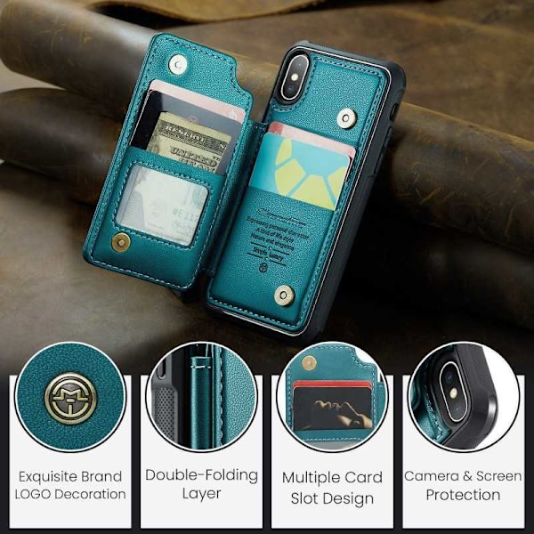 CaseMe Shockproof Cover Kortholder Stander 4-rums iPhone XS Max Grön