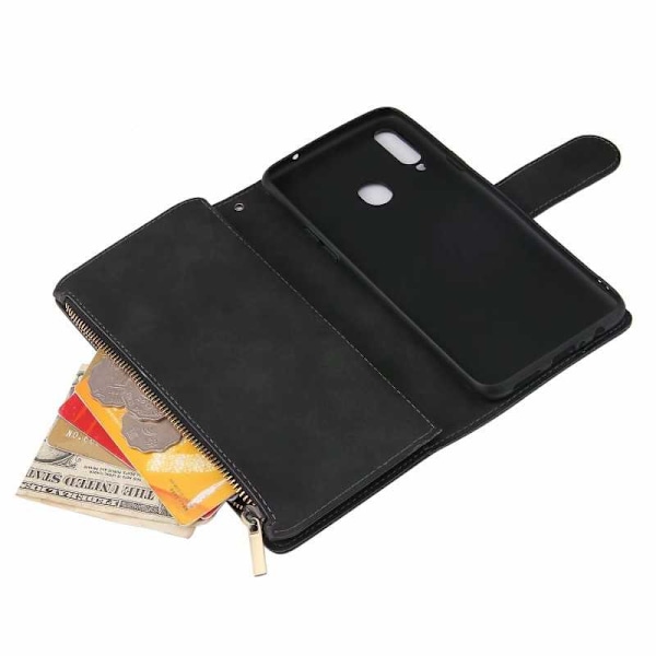 Samsung A20s Multifunktionellt Plånboksfodral Zipper 8-Fack Svart