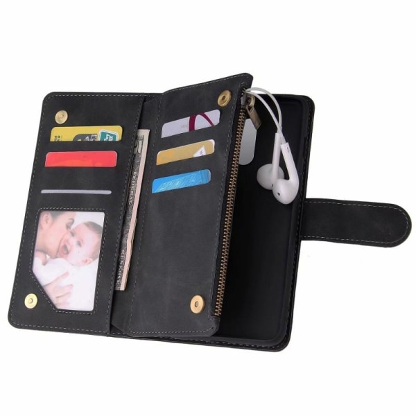 OnePlus 7 -monitoiminen lompakkokotelo, vetoketjullinen 8 tasku Black