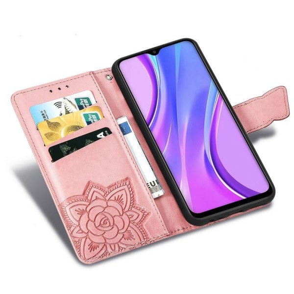 Xiaomi Redmi 9 Wallet Case PU Læder 4-LOMMES Motiv Sommerfugl Pink gold