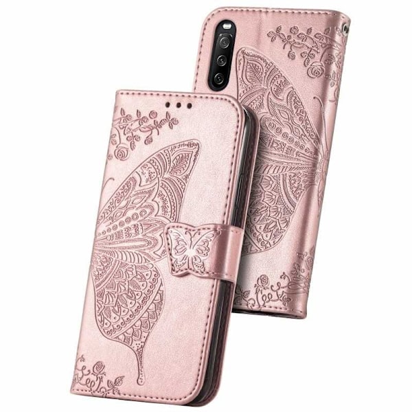 Xperia 10 III Plånboksfodral PU-Läder 4-FACK Motiv Fjäril Rosa guld
