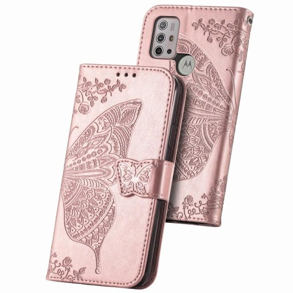 Motorola G30 lommebokveske PU skinn 4-LOMMER Motiv Butterfly Pink gold