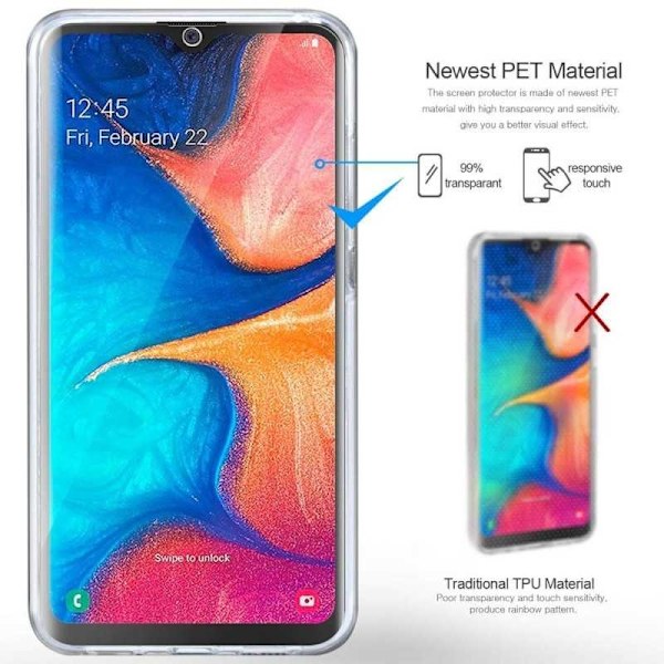 360° fuld dækning og stødabsorberende etui til Samsung A20E Transparent