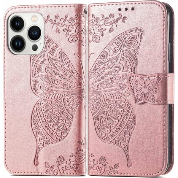 iPhone 13 Pro Pung-etui PU-Læder 4-KOMPARTMENT Motiv Sommerfugl Pink gold