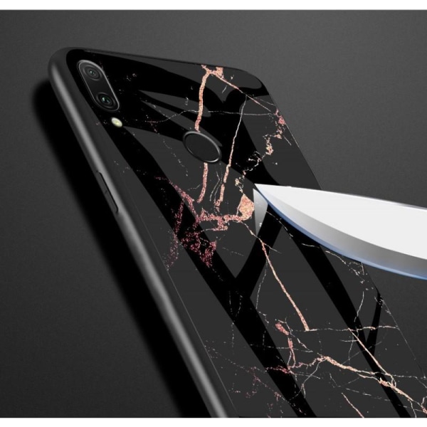 Xiaomi Redmi Note 7 Marble Shell 9H hærdet glas bagside glas bagside V2 Black Svart/Vit