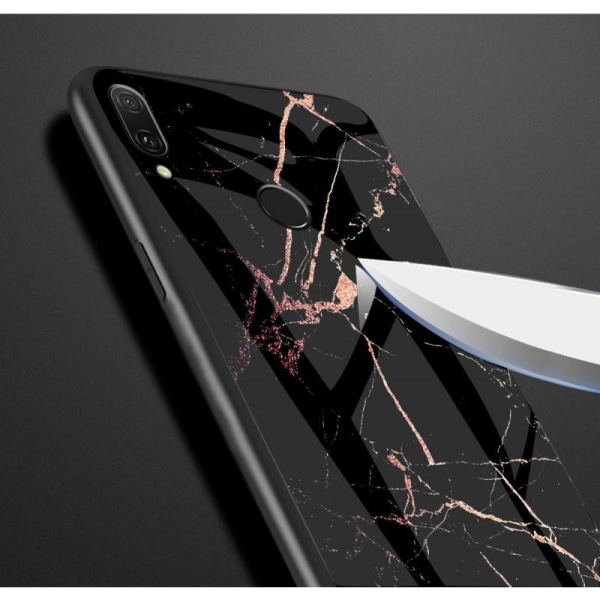Xiaomi Redmi Note 7 Marble Shell 9H herdet glass tilbake Glassba Black Svart/Vit
