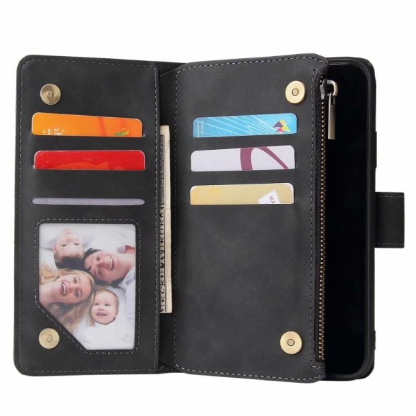 iPhone XR monitoiminen lompakkokotelo, vetoketjullinen 8 tasku Black