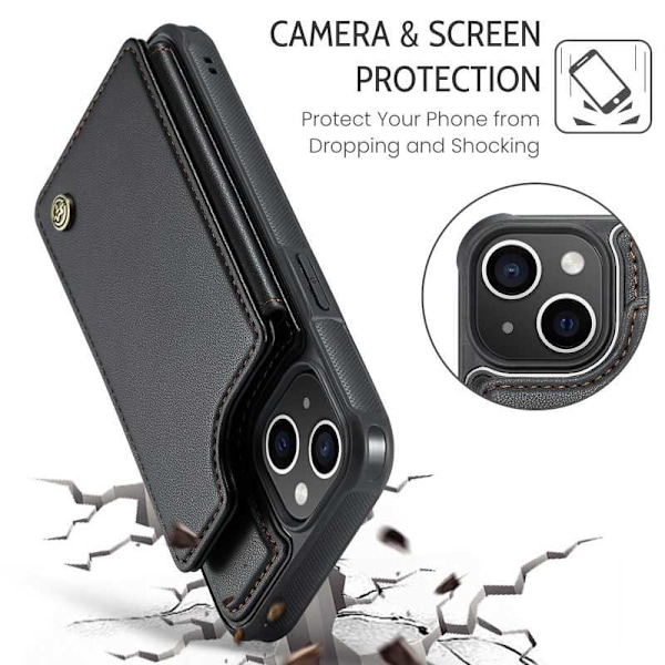 CaseMe Shockproof Cover Kortholder Stander 4-rums iPhone 14 Sort