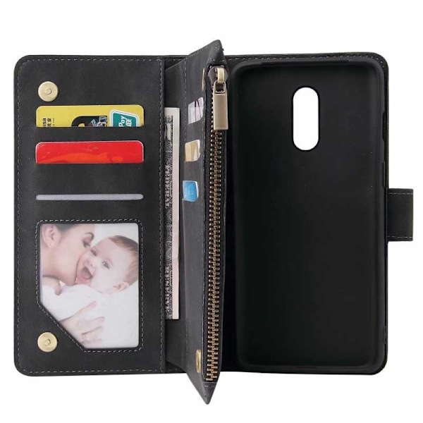 OnePlus 7 Multifunktionellt Plånboksfodral Zipper 8-Fack Svart