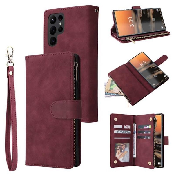 Samsung S22 Ultra Multifunktionellt Plånboksfodral Zipper 8-Fack Svart
