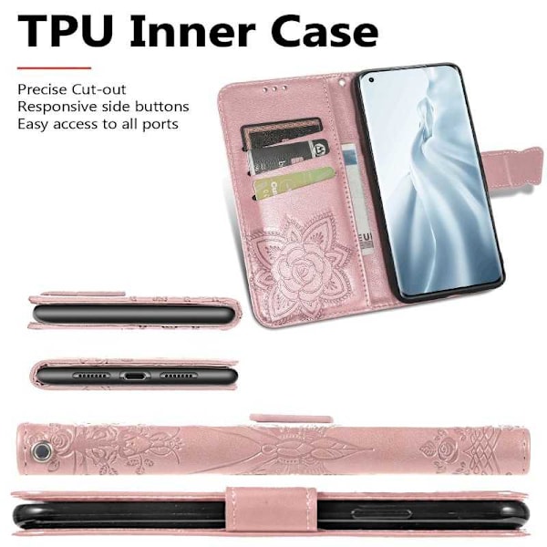 Xiaomi Mi 11 Wallet Case PU-nahkainen 4-POCKET Motif Butterfly Pink gold