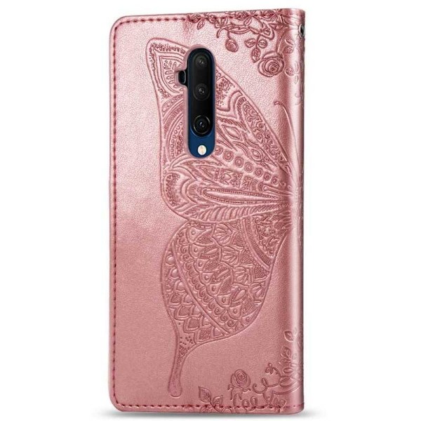 OnePlus 7 Pro / 7T Pro tegnebog etui PU læder 4-BAG Motiv sommerfugl Pink gold