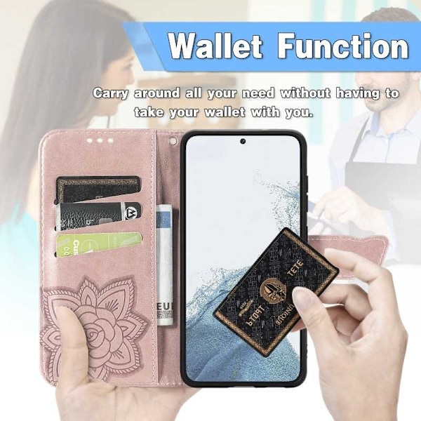 Samsung S23 Plus Plånboksfodral PU-Läder 4-FACK Motiv Fjäril Rosa guld