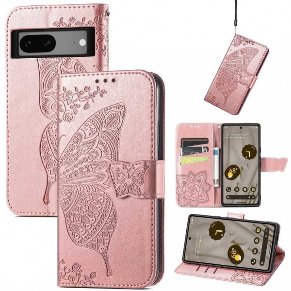 Google Pixel 7a Plånboksfodral PU-Läder 4-FACK Motiv Fjäril Rosa guld