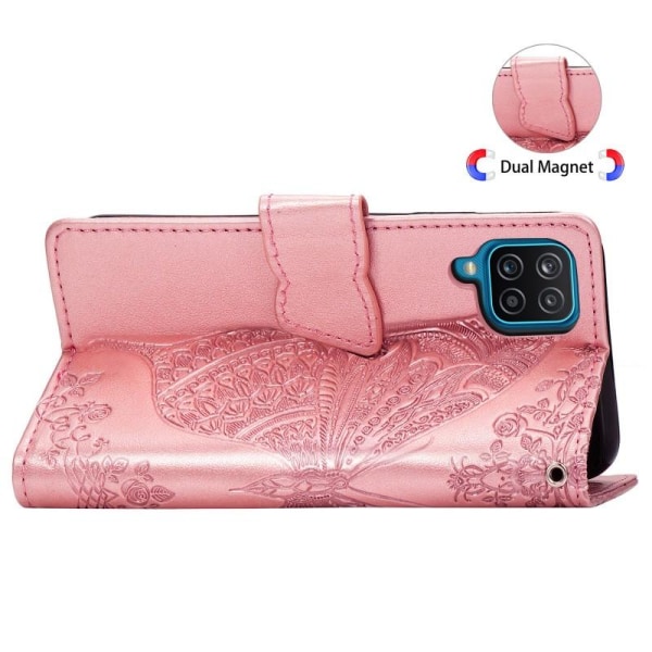 Samsung A12 lompakkokotelo PU-nahkainen 4-POCKET Motif Butterfly Pink gold