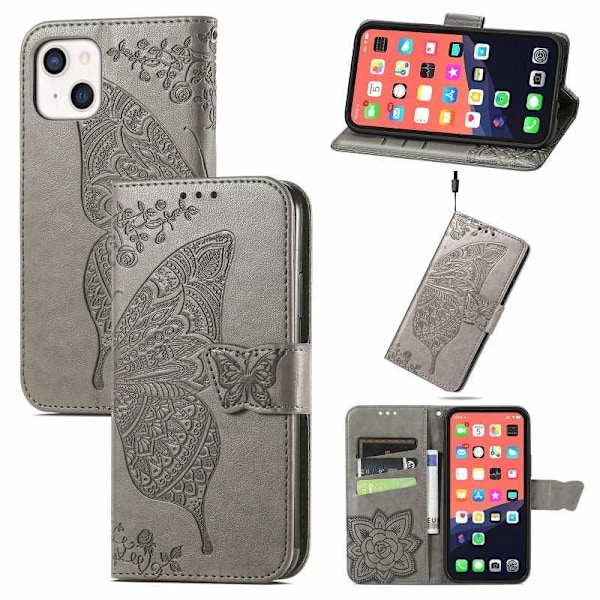 iPhone 13 Mini Plånboksfodral PU-Läder 4-FACK Motiv Fjäril Rosenguld