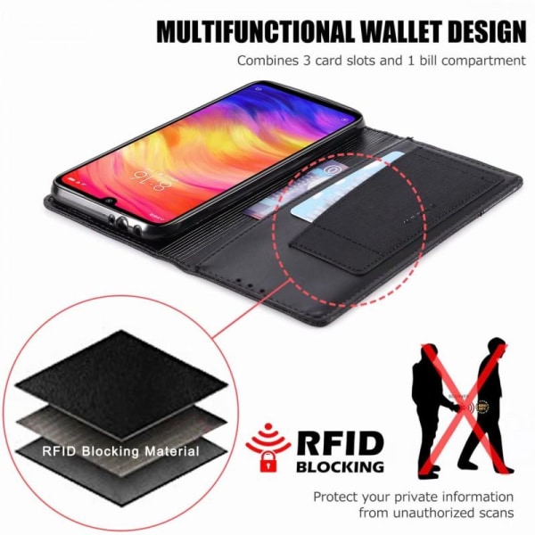 Xiaomi Redmi Note 7 Elegant Fodral i PU-Läder med RFID Block Svart