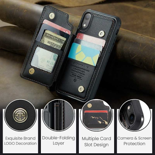 CaseMe Shockproof Cover Kortholder Stander 4-rums iPhone XR Sort