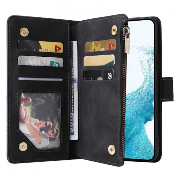 Samsung A14 5G/4G Multifunktionellt Plånboksfodral Zipper 8-Fack Svart