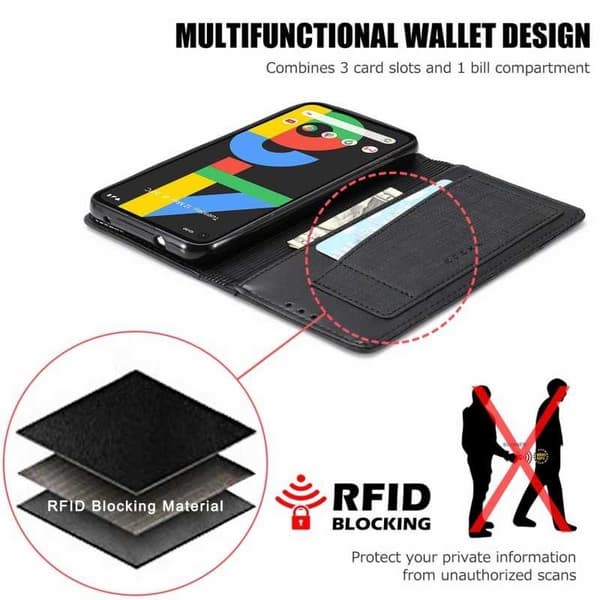 Google Pixel 4a 4G / LTE elegantti PU-nahkakotelo RFID-estolla Black