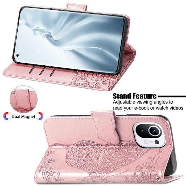 Xiaomi Mi 11 Wallet Case PU-nahkainen 4-POCKET Motif Butterfly Pink gold