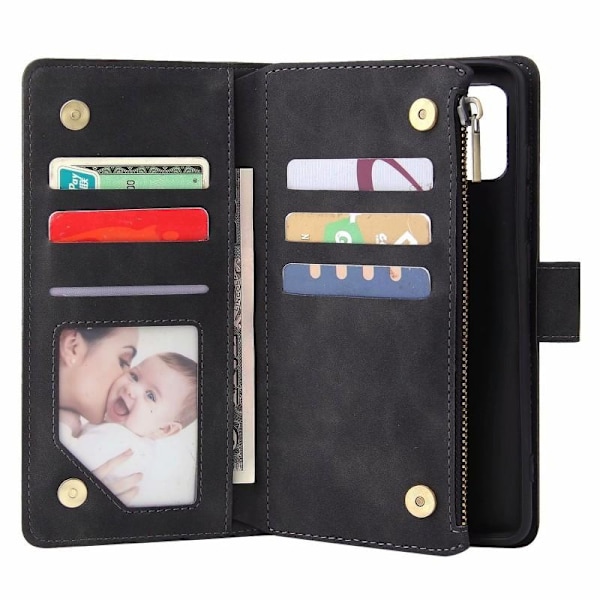 Samsung A13 4G multifunktionelt pung etui Lynlås 8-lomme Black