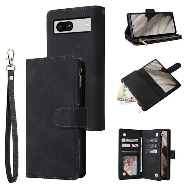 Google Pixel 7a Multifunktionellt Plånboksfodral Zipper 8-Fack Svart